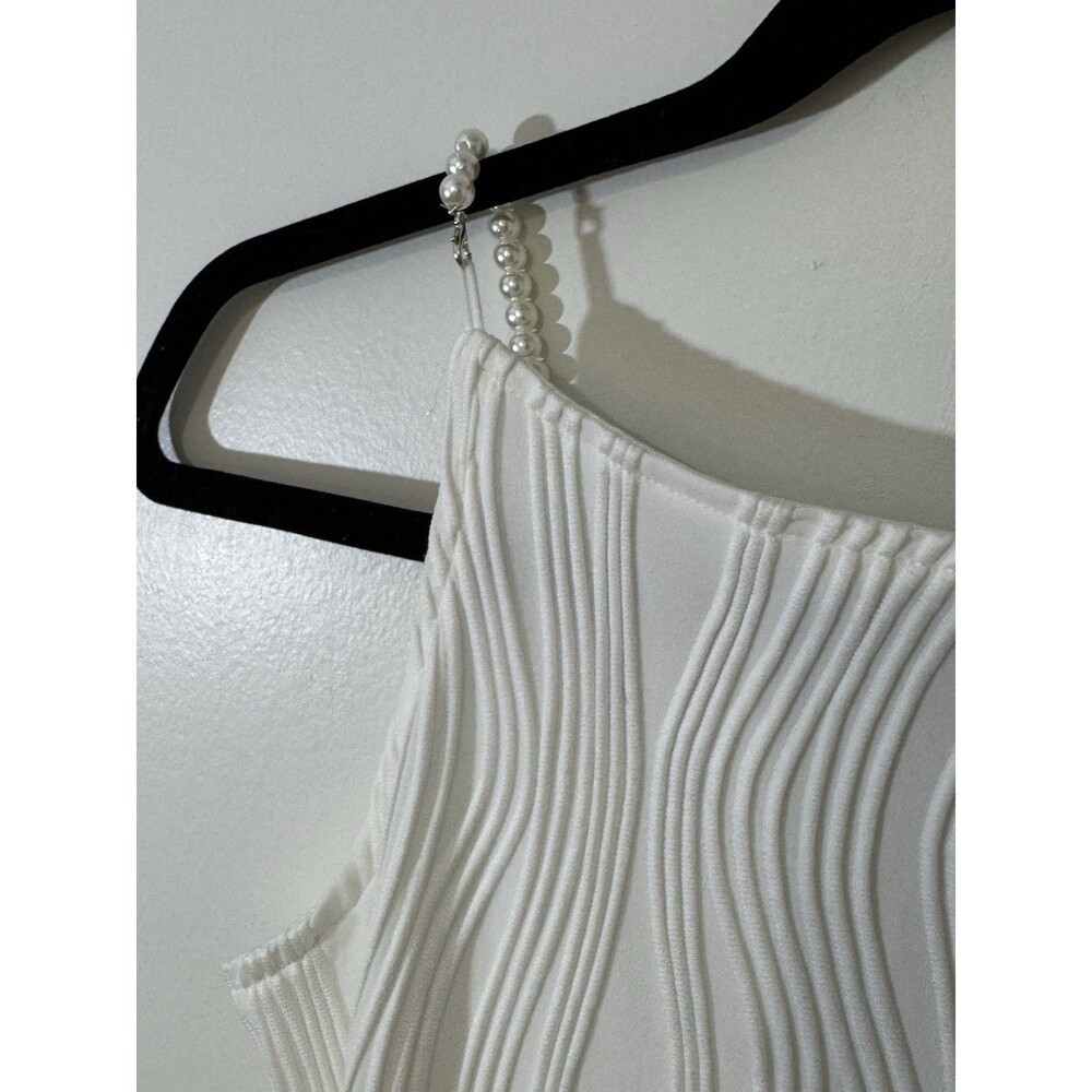 RIHOAS White Pearl Strap Wavy Long Bodycon Dress Straight Neck Sleeveless Size M - Picture 7 of 11